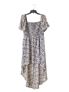 As U Wish Floral Dress Women Size XL Blue Chiffon Smocked Hi-Lo Hem Short Sleeve